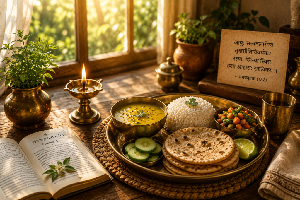 Peaceful Satvik meal in a calm sunlit home with diya, Bhagavad Gita, and traditional brass utensils